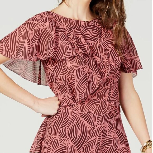 MICHAEL Michael Kors Pink Maroon Geometric Leaf Print Tiered Blouse - Picture 1 of 15
